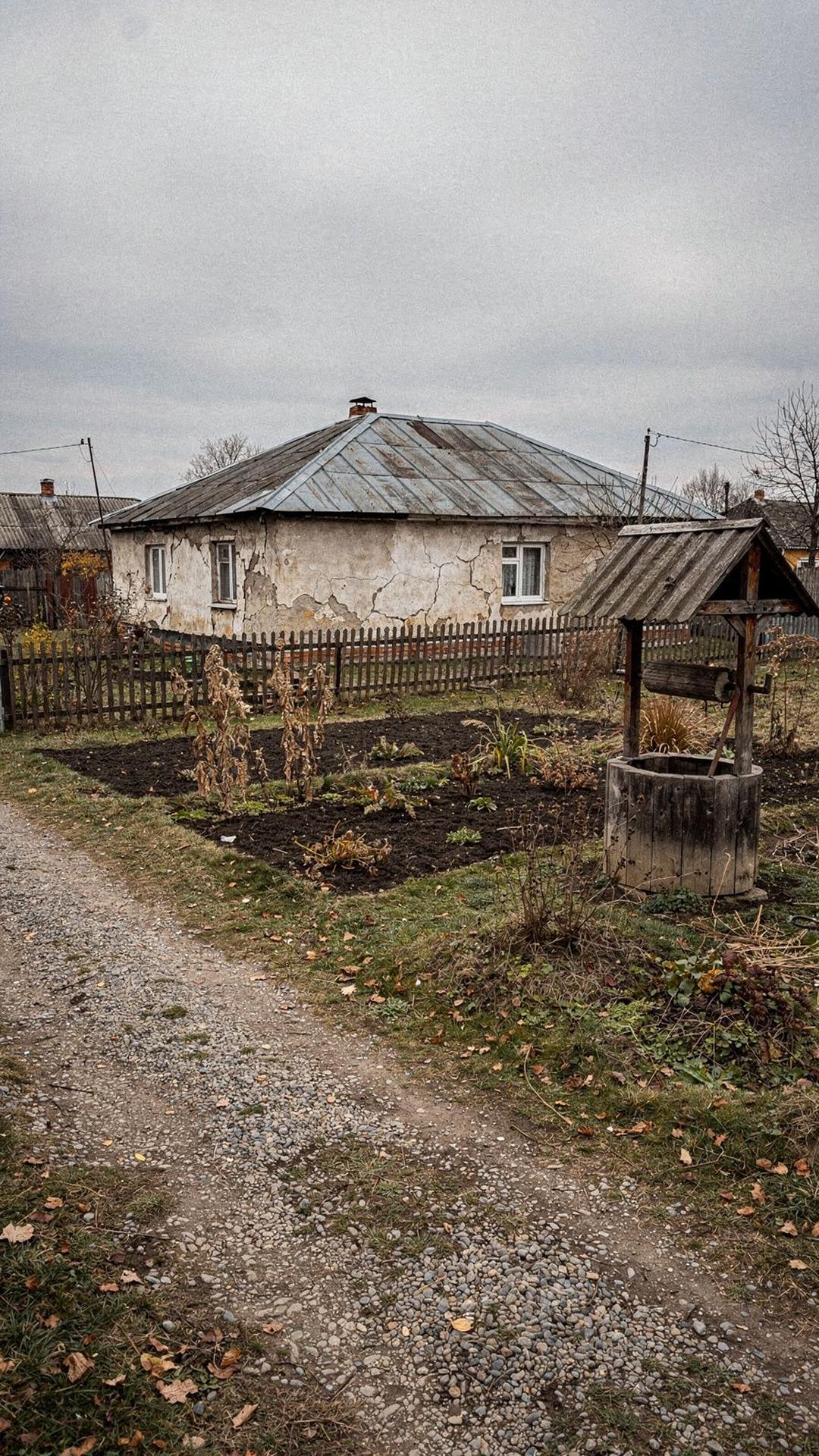 Village cottage with marked features on its garden plot in Kyiv oblast